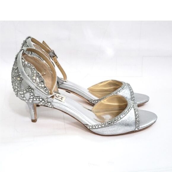Badgley, Mishka sandal Silver Leather Bling Ankle Strap Kitten Heel 8 - Picture 6 of 12
